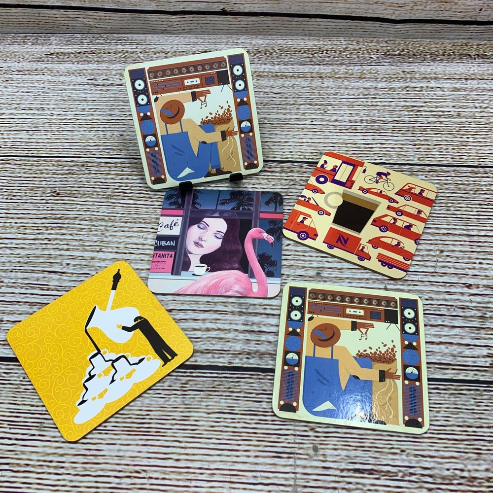 Nespresso Coffee Coasters Set 5 Square Unique Artwork Design Collection